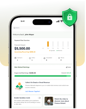 Phone screen shows a finance app dashboard with a welcome message for John Mayor, a $5,500 balance, payment overview, and progress bars; security shield icon top-right.